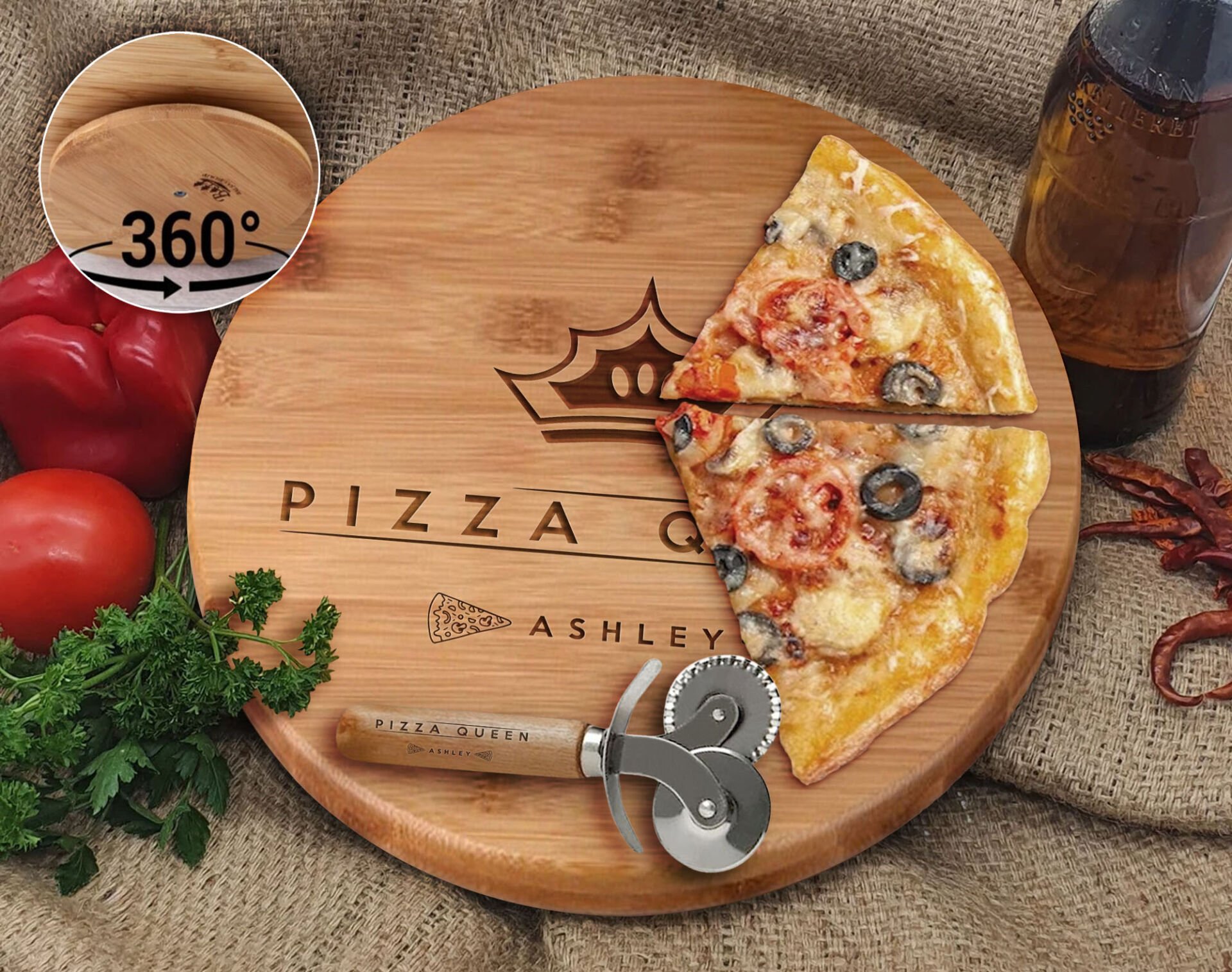 BK Gift Kişiye Özel İsimli Bambu Ahşap Döner Tablalı Pizza Tahtası-2, Pizza Kesme Tahtası Seti, Şarküteri Tahtası, Servis Tepsisi, Ahşap Tabak, Eve Taşınma Hediyesi