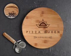 BK Gift Kişiye Özel İsimli Bambu Ahşap Döner Tablalı Pizza Tahtası-2, Pizza Kesme Tahtası Seti, Şarküteri Tahtası, Servis Tepsisi, Ahşap Tabak, Eve Taşınma Hediyesi