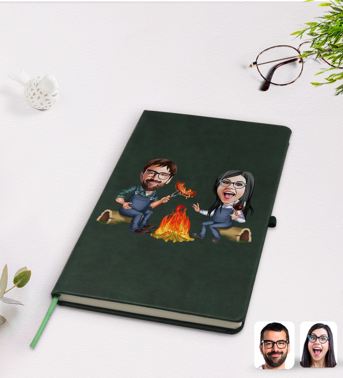 Kişiye Özel Sevgililer Karikatürlü Yeşil Termo Deri Defter Model 95