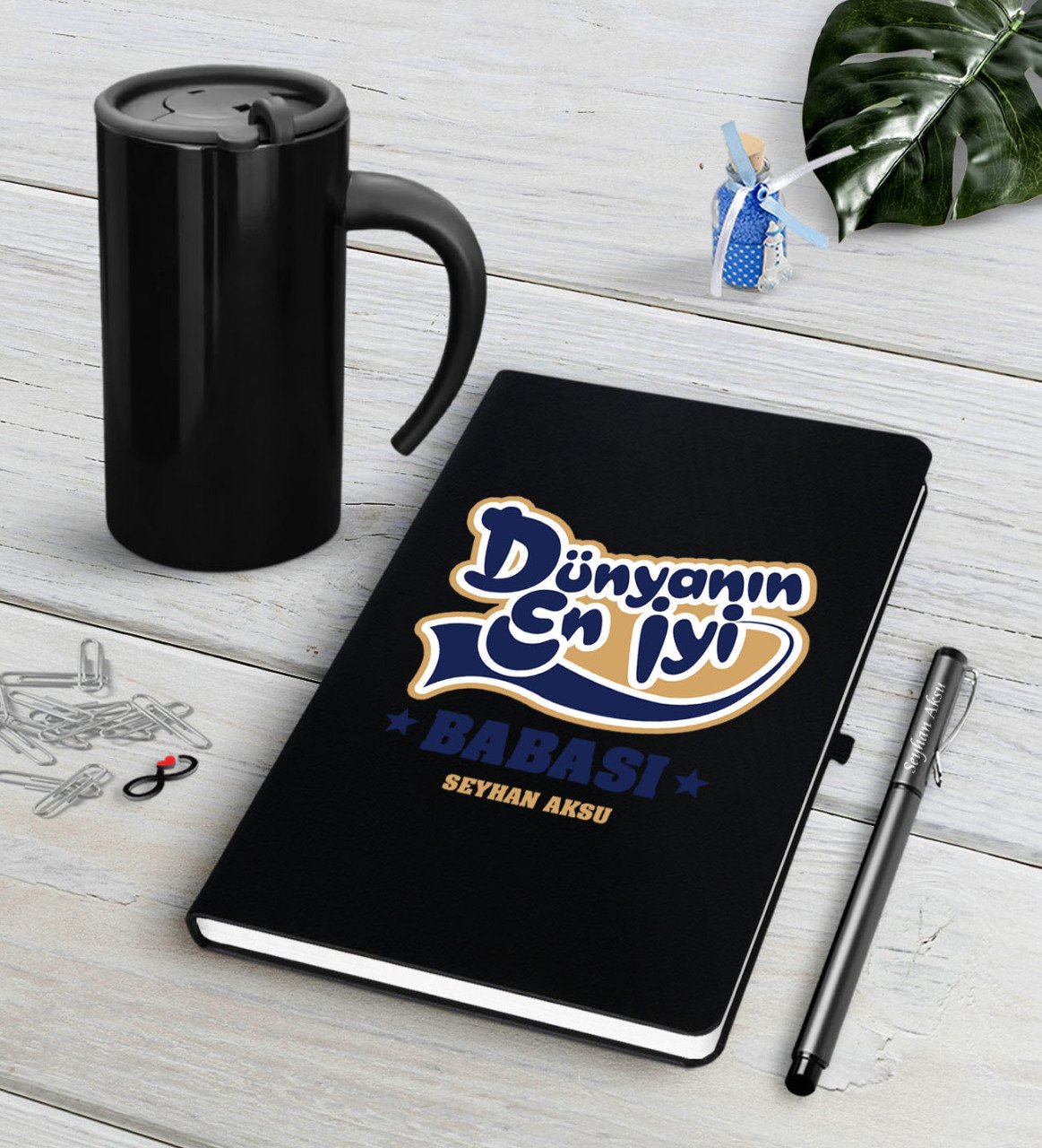 Kişiye Özel Dünyanın En İyi Babası Siyah Defter Kalem Termos Mug Seti-2