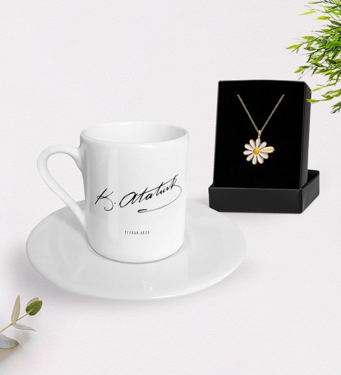 Kişiye Özel Atatürk Temalı Türk Kahvesi Fincanı ve İsimli Papatya Kolye Hediye Seti-29