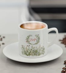 BK Gift Kişiye Özel İsimli Çiçek Tasarımlı Türk Kahvesi Fincanı-13, Arkadaşa Hediye, Sevgiliye Hediye, Doğum Günü Hediyesi