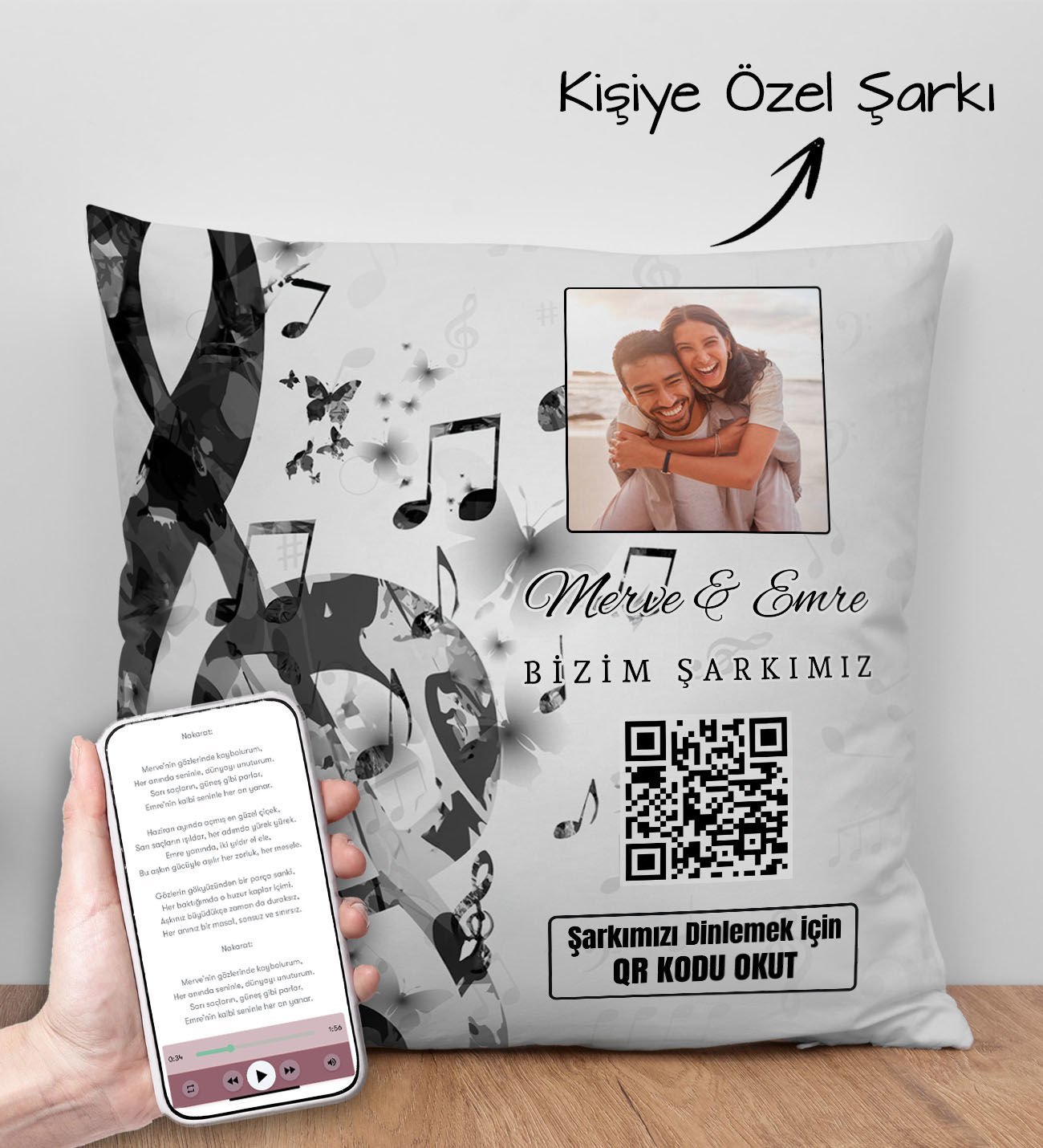 BK Gift Kişiye Özel Fotoğraflı ve Şarkı QR Kodlu Kırlent Yastık, Sevgiliye Hediye, Kişiye Özel Şarkı