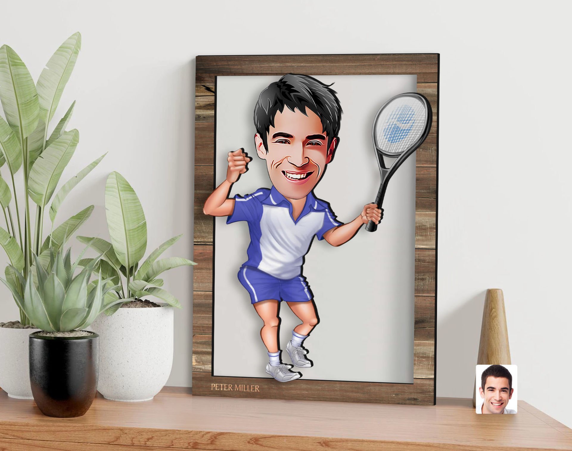 BK Gift Kişiye Özel Erkek Tenis Oyuncusu Karikatürlü 3D Ahşap Tablo, Sevgiliye Hediye, Arkadaşa Hediye, Yıl Dönümü Hediyesi, Doğum Günü Hediyesi-2