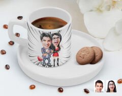 BK Gift Kişiye Özel Sunum Tabaklı Sevgililer Karikatürlü Kahve Fincanı-1, Sevgiliye Hediye, Aileye Hediye