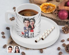 BK Gift Kişiye Özel Sunum Tabaklı Sevgililer Karikatürlü Kahve Fincanı-1, Sevgiliye Hediye, Aileye Hediye