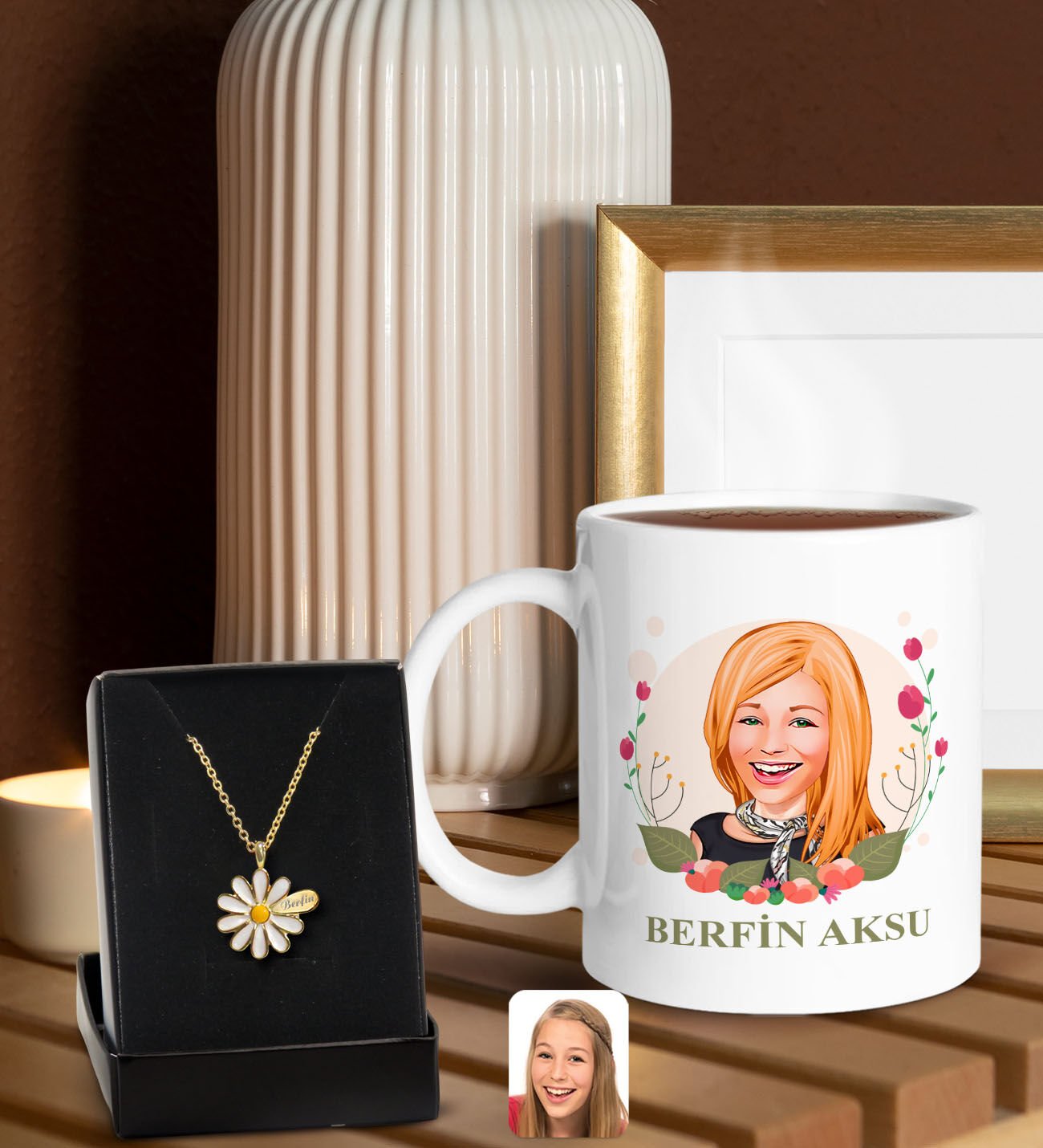 BK Gift Kişiye Özel Anneler Günü Karikatürlü Beyaz Kupa ve Papatya Kolye Hediye Seti, Anneler Günü Hediyeleri, Anneye Hediye-1