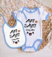 BK Kids Kişiye Özel Aynı Dayısı Tasarımlı Mavi Bebek Body Zıbın ve Mama Önlüğü Hediye Seti