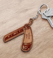 Kişiye Özel Ustura Figürlü Ahşap Anahtarlık