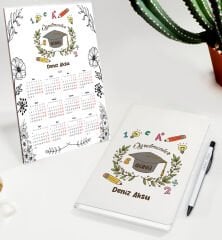 BK Gift Kişiye Özel İsimli Öğretmenler Günü Tasarımlı Defter Tükenmez Kalem ve Masaüstü 2024 Takvim Hediye Seti - 3, Öğretmene Hediye, Öğretmenler Günü