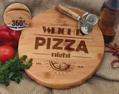 BK Gift Kişiye Özel İsimli Bambu Ahşap Döner Tablalı Pizza Tahtası-4, Pizza Kesme Tahtası Seti, Şarküteri Tahtası, Servis Tepsisi, Ahşap Tabak, Eve Taşınma Hediyesi