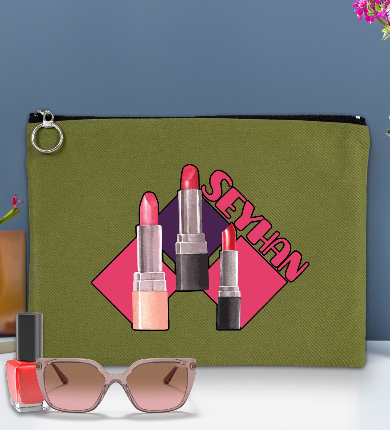 BK Gift Kişiye Özel İsimli-2 Astarlı Yeşil Portföy Çanta 30x21cm, Baskılı El Çantası, Organizer Çanta