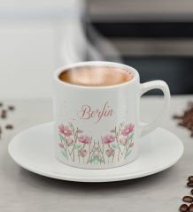 BK Gift Kişiye Özel İsimli Çiçek Tasarımlı Türk Kahvesi Fincanı-15, Arkadaşa Hediye, Sevgiliye Hediye, Doğum Günü Hediyesi
