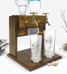Kişiye Özel Renkli Baskılı İsimli İkili Rakı Bardağı ve Çift Musluklu Doğal Ahşap Rakı Standı-101