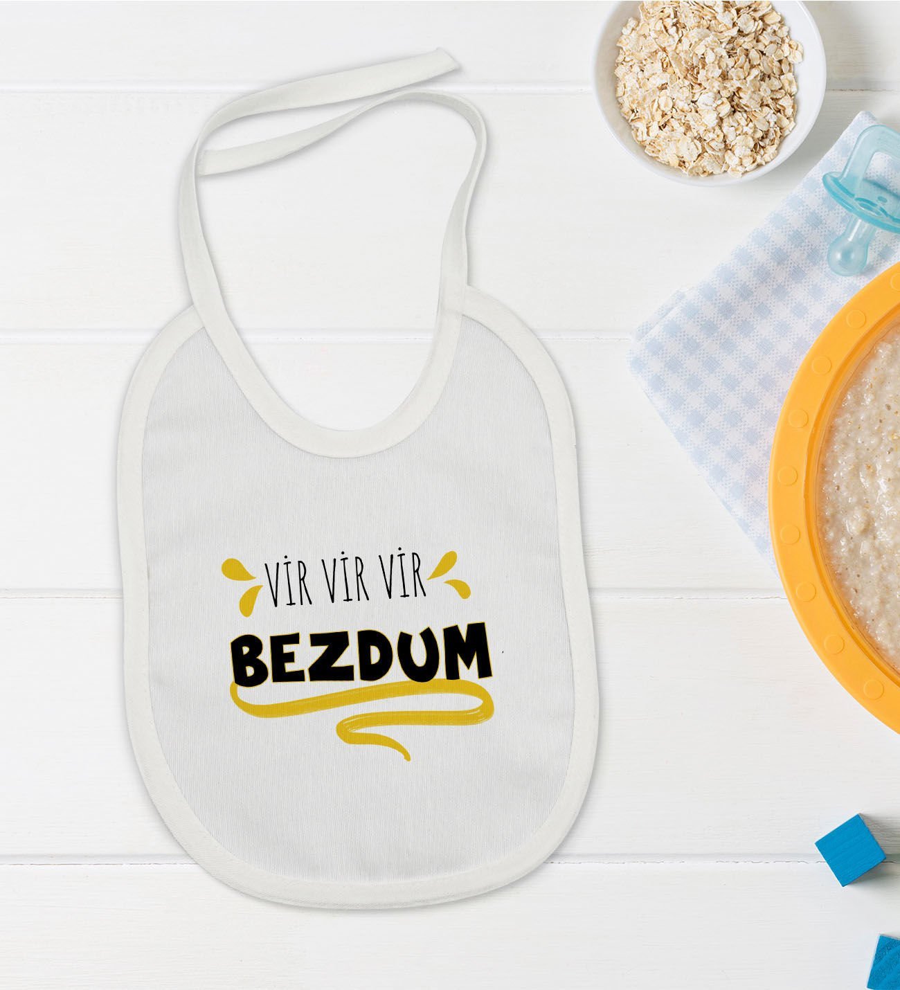 BK Kids Bezdum Tasarımlı Beyaz Bebek Mama Önlüğü-5