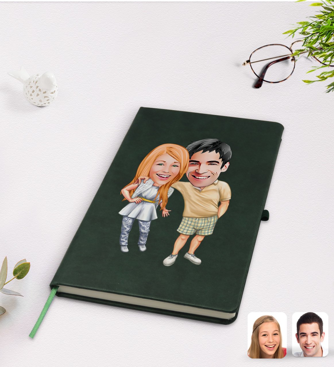Kişiye Özel Sevgililer Karikatürlü Yeşil Termo Deri Defter Model 98