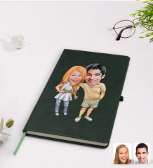 Kişiye Özel Sevgililer Karikatürlü Yeşil Termo Deri Defter Model 98
