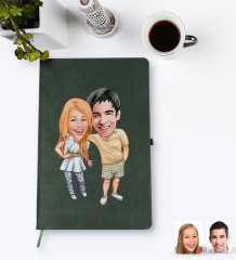 Kişiye Özel Sevgililer Karikatürlü Yeşil Termo Deri Defter Model 98