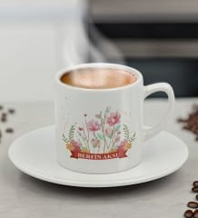BK Gift Kişiye Özel İsimli Çiçek Tasarımlı Türk Kahvesi Fincanı-16, Arkadaşa Hediye, Sevgiliye Hediye, Doğum Günü Hediyesi