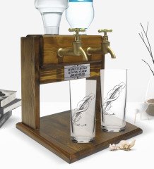 Kişiye Özel Renkli Baskılı İsimli İkili Rakı Bardağı ve Çift Musluklu Doğal Ahşap Rakı Standı-102