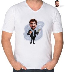 Kişiye Özel Erkek Milyoner Karikatürlü V Yaka Tişört-1