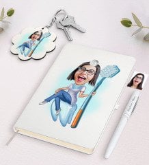 Kişiye Özel Kadın Diş Hekimi Karikatürlü Beyaz Defter Kalem ve Anahtarlık Hediye Seti-2