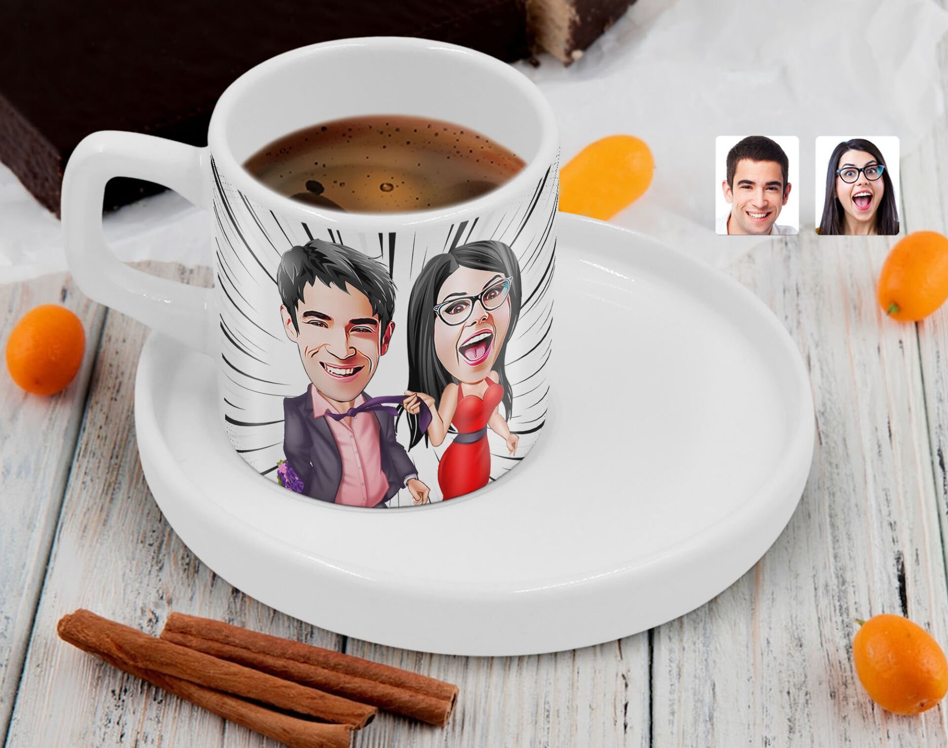 BK Gift Kişiye Özel Sunum Tabaklı Sevgililer Karikatürlü Kahve Fincanı-4, Sevgiliye Hediye, Aileye Hediye