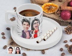 BK Gift Kişiye Özel Sunum Tabaklı Sevgililer Karikatürlü Kahve Fincanı-4, Sevgiliye Hediye, Aileye Hediye