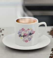 BK Gift Kişiye Özel İsimli Çiçek Tasarımlı Türk Kahvesi Fincanı-17, Arkadaşa Hediye, Sevgiliye Hediye, Doğum Günü Hediyesi