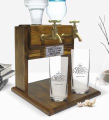 Kişiye Özel Renkli Baskılı İsimli İkili Rakı Bardağı ve Çift Musluklu Doğal Ahşap Rakı Standı-103
