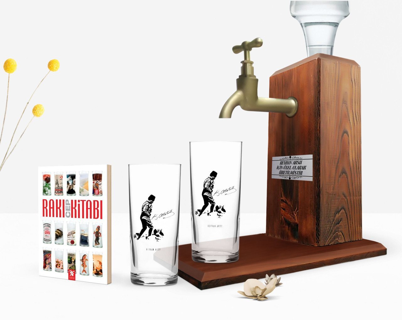 Kişiye Özel Renkli Baskılı Atatürk Temalı İkili Rakı Bardağı Ahşap Rakı Standı ve Cep Kitabı Hediye Seti-16
