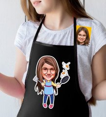 Kişiye Özel Küçük Şef Karikatürlü Kız Çocuk Siyah Mutfak Önlüğü-1