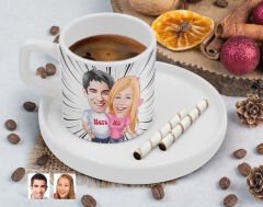 BK Gift Kişiye Özel Sunum Tabaklı Sevgililer Karikatürlü Kahve Fincanı-5, Sevgiliye Hediye, Aileye Hediye