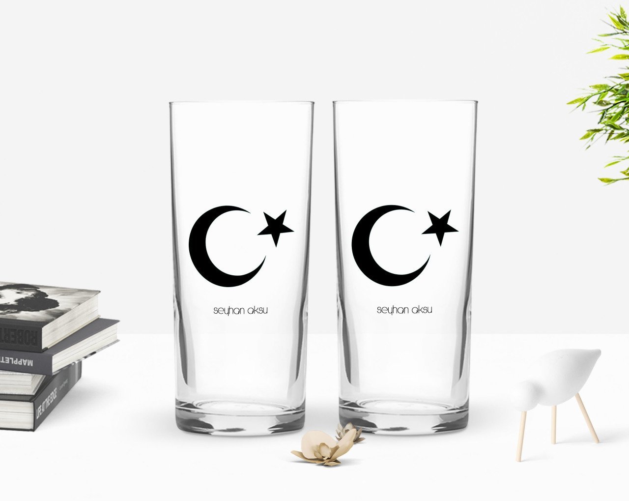 Kişiye Özel Renkli Baskılı Ayyıldız Tasarımlı İkili Rakı Bardağı Seti-1