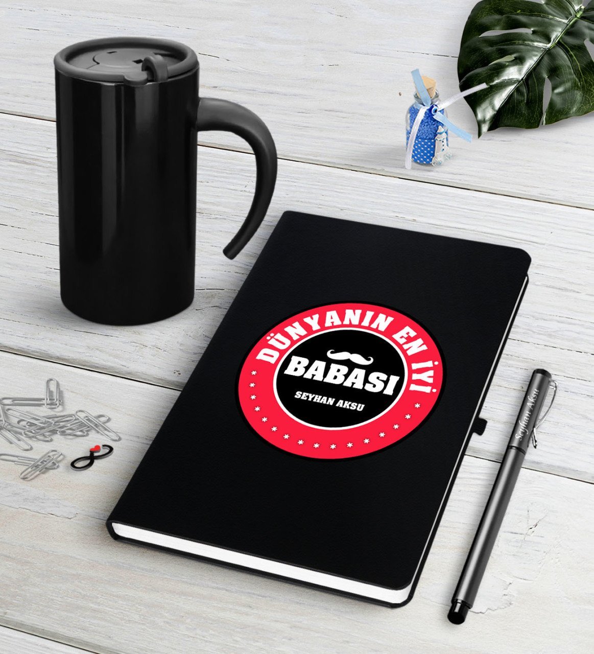 Kişiye Özel Dünyanın En İyi Babası Siyah Defter Kalem Termos Mug Seti-7
