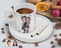 BK Gift Kişiye Özel Sunum Tabaklı Sevgililer Karikatürlü Kahve Fincanı-6, Sevgiliye Hediye, Aileye Hediye