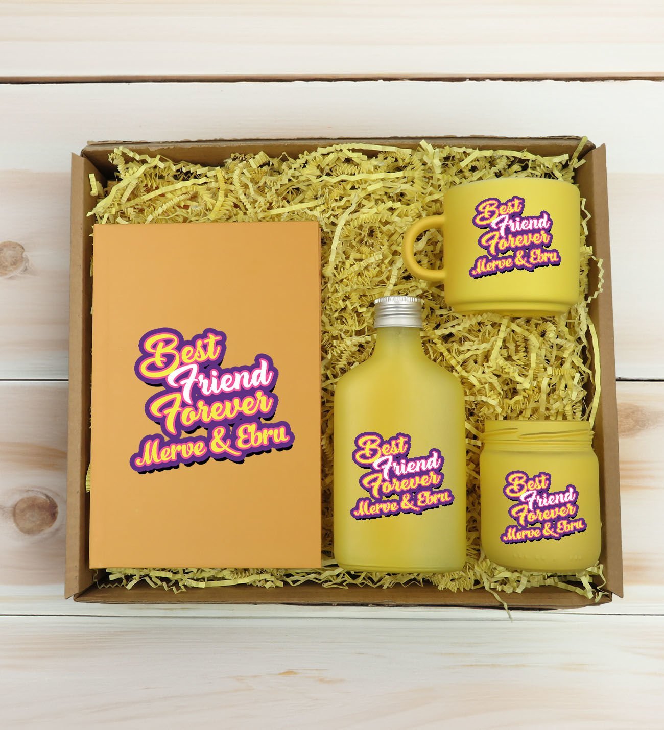 BK Gift Kişiye Özel İsimli DTF Best Friend Temalı Sarı Defter & Kahve Fincanı & Kolonya & Mum Hediye Seti-3, Arkadaşa Hediye, Doğum Günü Hediyesi