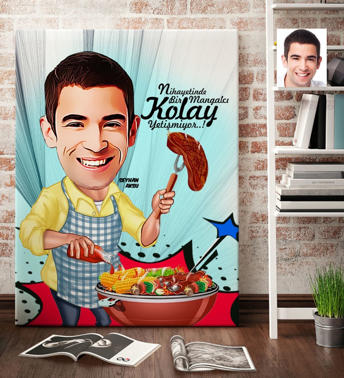 Kişiye Özel Bay Mangalcı Karikatür Kanvas Tablo (70 x 100 cm.) 1