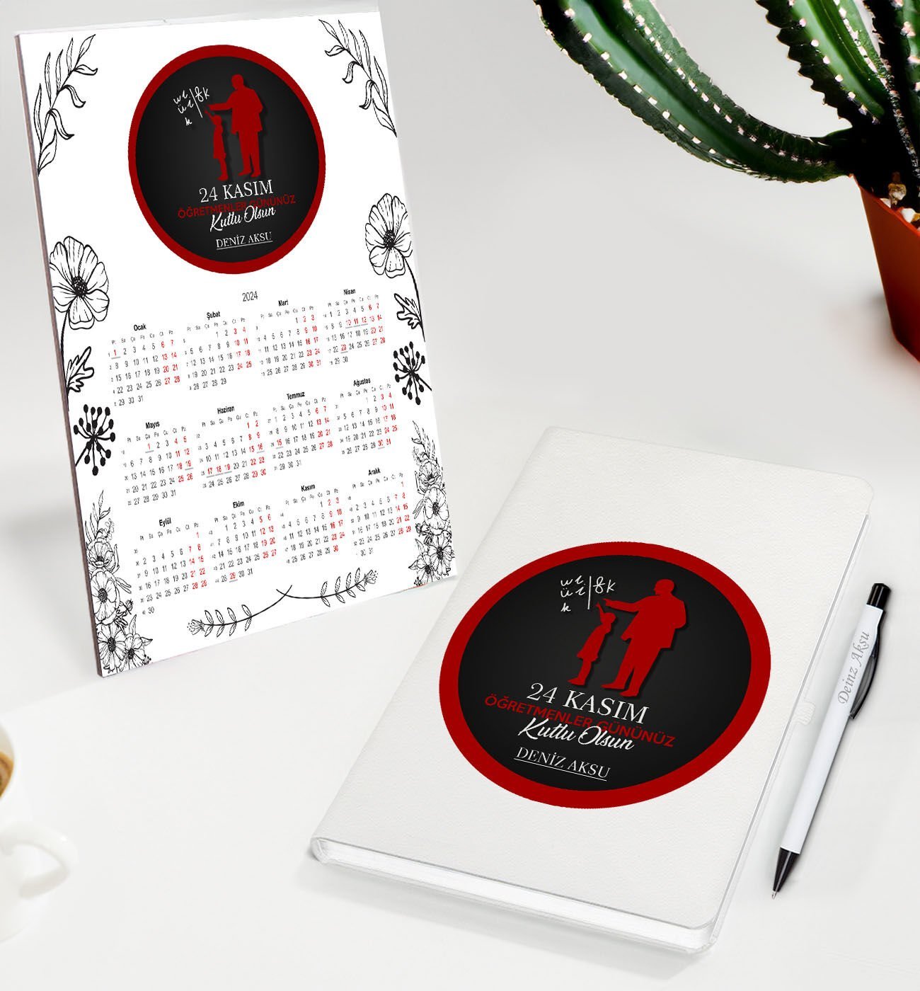 BK Gift Kişiye Özel İsimli Öğretmenler Günü Tasarımlı Defter Tükenmez Kalem ve Masaüstü 2024 Takvim Hediye Seti - 8, Öğretmene Hediye, Öğretmenler Günü