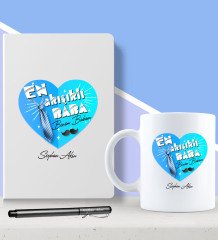 Kişiye Özel En Yakışıklı Baba Tasarımlı Beyaz Defter Kalem ve Kupa Seti-1