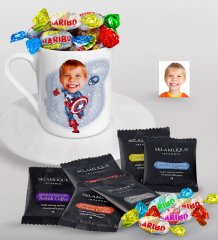 Kişiye Özel Çocuk Kaptan Amerika Karikatürlü Türk Kahvesi Fincanı Selamlique Karışık Türk Kahvesi ve Haribo Şeker Hediye Seti-1