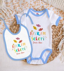 BK Kids Kişiye Özel Bayram Şekeri Tasarımlı Mavi Bebek Body Zıbın ve Mama Önlüğü Hediye Seti