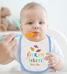 BK Kids Kişiye Özel Bayram Şekeri Tasarımlı Mavi Bebek Body Zıbın ve Mama Önlüğü Hediye Seti