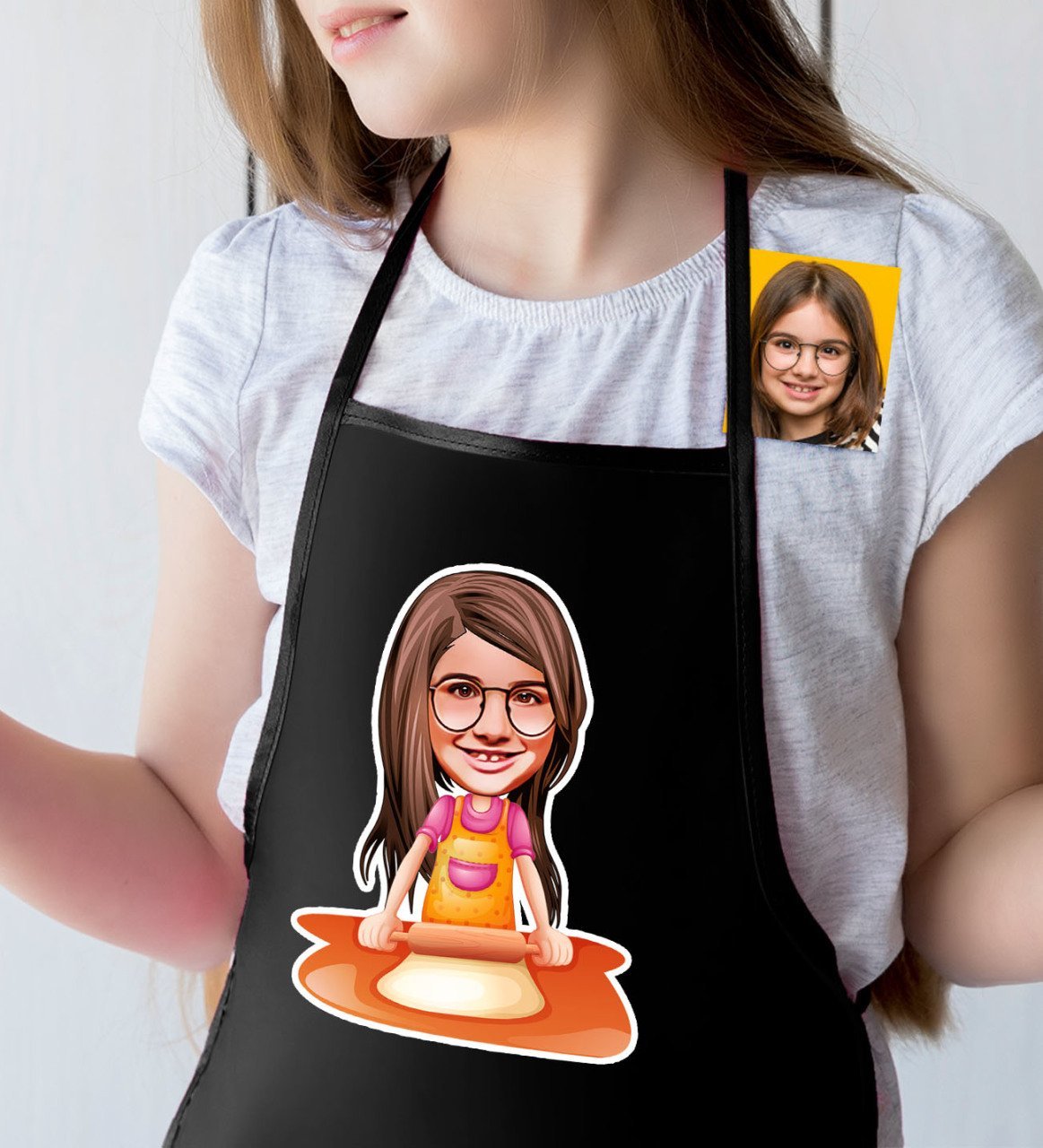 Kişiye Özel Küçük Şef Karikatürlü Kız Çocuk Siyah Mutfak Önlüğü-4