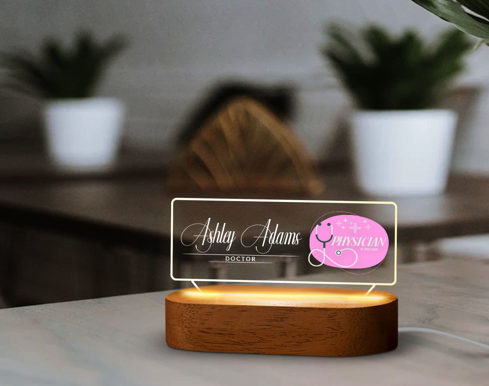 BK Gift Kişiye Özel isimli Doktor Temalı Led Işıklı Akrilik Masa İsimliği-6, Ofis Dekoru, Mesleki Hediye, Ofis Hediyeleri