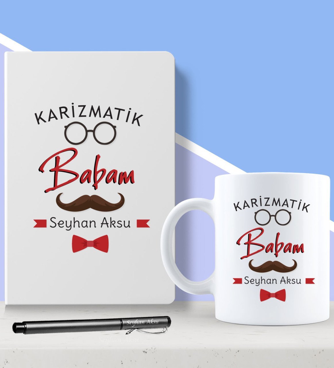 Kişiye Özel Karizmatik Babam Tasarımlı Beyaz Defter Kalem ve Kupa Seti-1