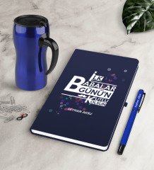 Kişiye Özel İlk Babalar Günün Kutlu Olsun Lacivert Defter Kalem Termos Mug Seti-2