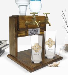 Kişiye Özel Renkli Baskılı İsimli İkili Rakı Bardağı ve Çift Musluklu Doğal Ahşap Rakı Standı-107