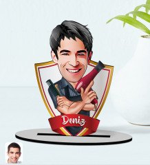 Kişiye Özel İsimli Erkek Kuaför Karikatürlü Ahşap Biblo Model-1