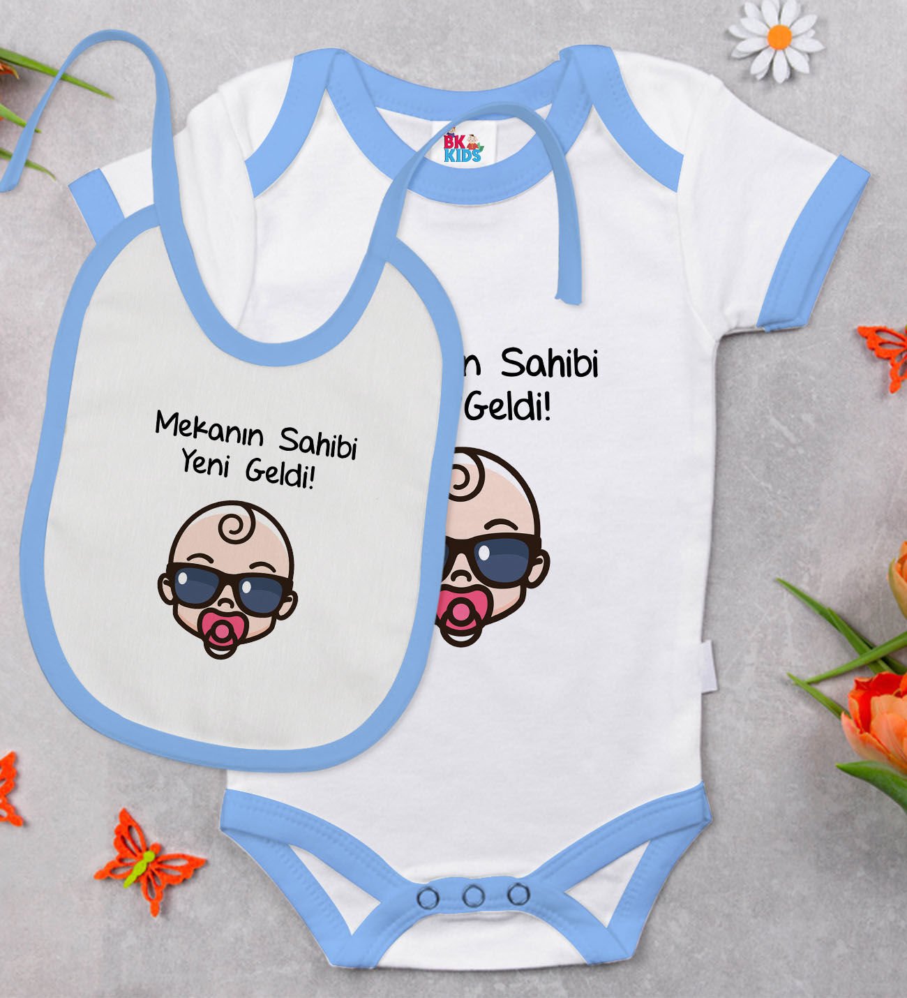 BK Kids Mekanın Sahibi Yeni Geldi Tasarımlı Mavi Bebek Body Zıbın ve Mama Önlüğü Hediye Seti-1
